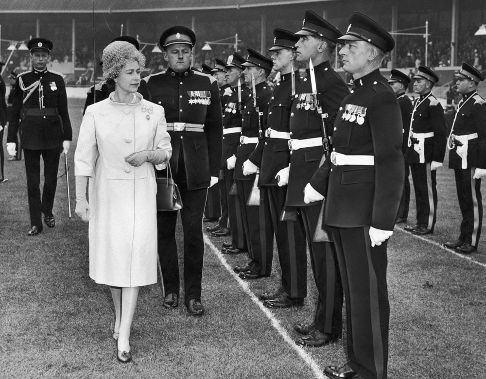The Queen visits Manchester. Inspection of the Guard,  escroted by  Major John Chartres at the Belle Vue Stadium. May 1961. - Source: Bellvue Manchesters Second Playground, iNostalgia Publishing / MirrorPix