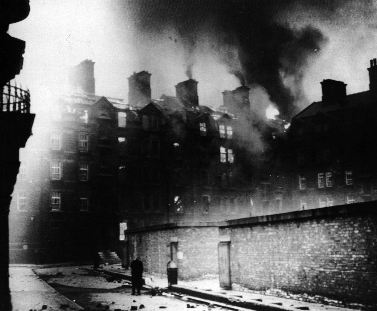 The Liverpool Blitz of May 1941 leaves buildings ablaze in the city centre - Source: The Home Front: Britain 1939-45, iNostalgia Publishing/Mirrorpix