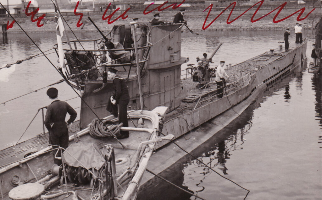U570 arriving at Barrow-in-Furness under the command of Lieutenant George Calvin. On 10 October, Calvin handed over command to Lieutenant Edward Norman. Note the red lines drawn on the image by the Censor. (Manchester Evening News/Mirrorpix).