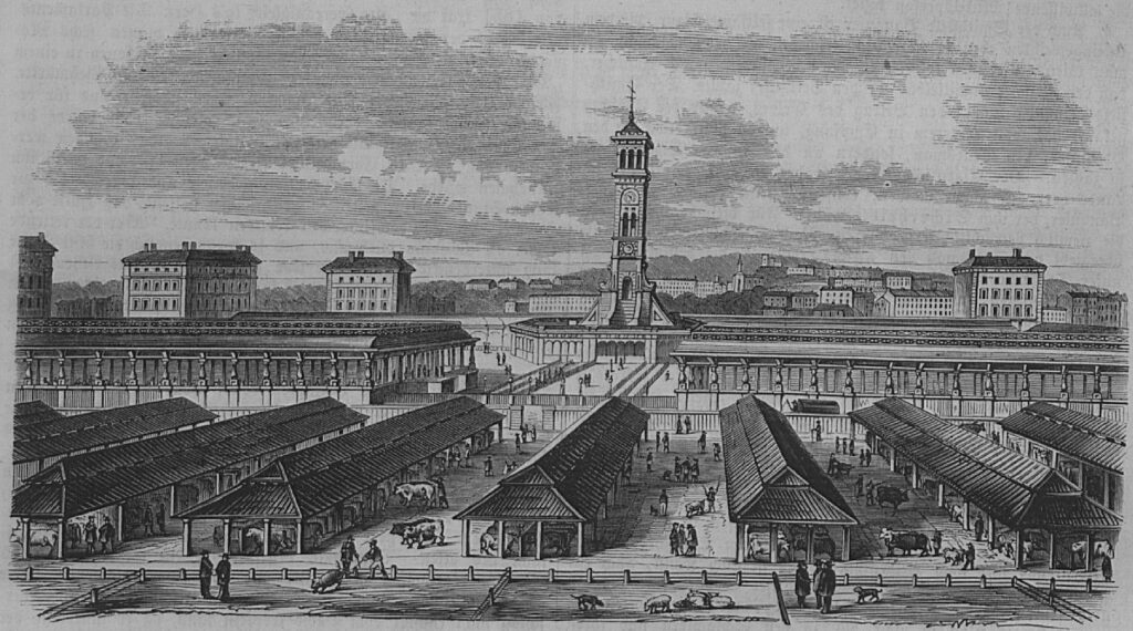the newly opened market in a contemporary etching